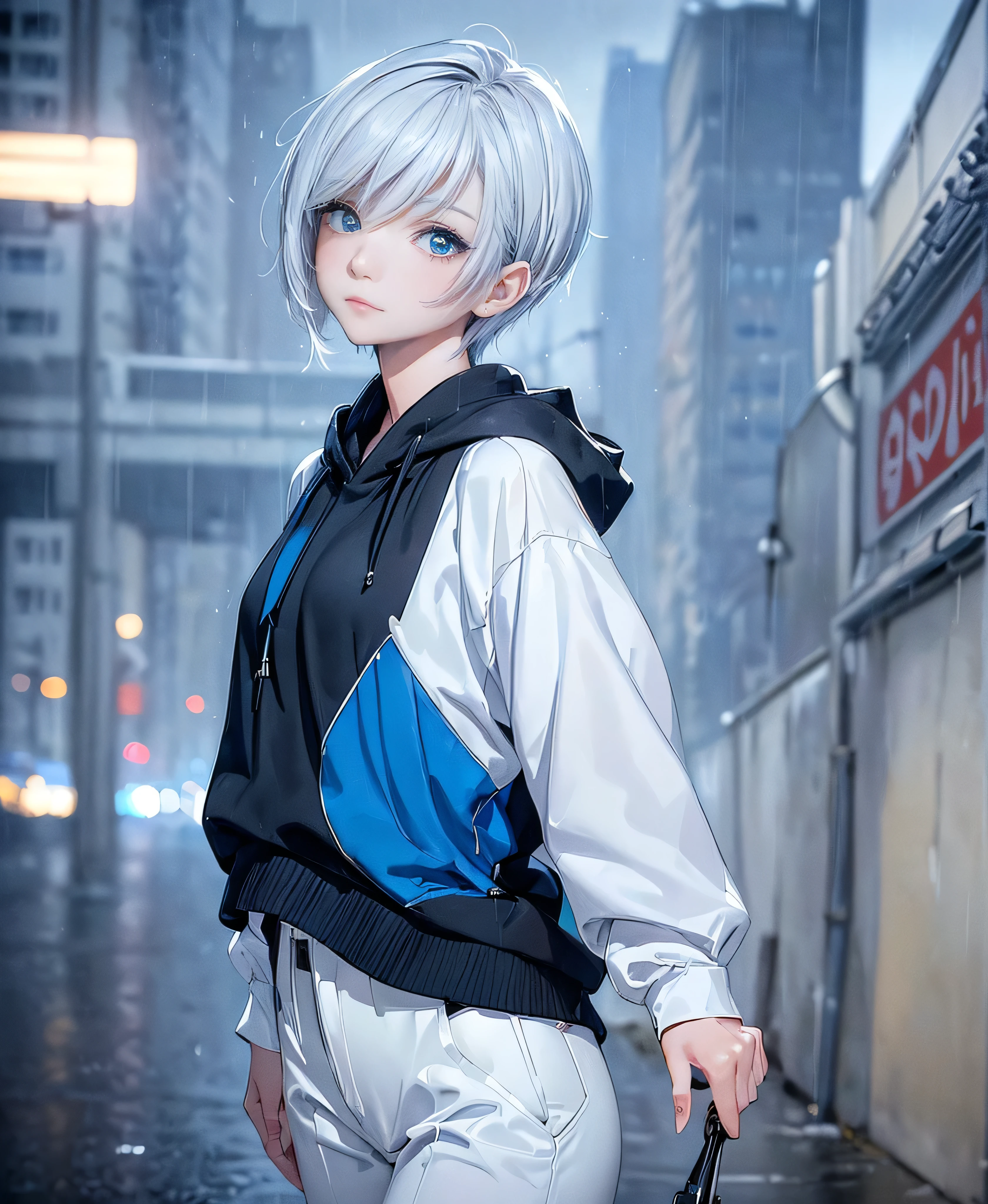 ((4K Works))、masterpiece、(Highest quality)、One beautiful girl、The body is slim、expensive、((Black Y-shirt and white pants、Charming street style))、Please put on a jacket.、Wearing a hood to hide his face、(Beautiful eyes in every detail)、Morning City、((Rainy Town))、Fashionable city with morning rain、During a walk、((Face similar to Carly Rae Jepsen))、((short-haired gray hair))、((Makes your face smaller))、((Neutral face))、((Bright Blue Eyes))、((American adult women))、((Adult female, 2))、((Cool woman))、((Like a celebrity))、((A lonely look))、((Korean Makeup))、((elongated and sharp eyes))、((Happy Date))、((boyish))、((Upper body photo shoot))、Professional photos、((Model Photo))、((Shot alone))、((She is under the roof))、((Look up at the sky))、((Shooting from behind))、((She is looking upwards))、((Her eyes are looking up))、((Increase the angle of the face))、((She is walking in front of the viewer))