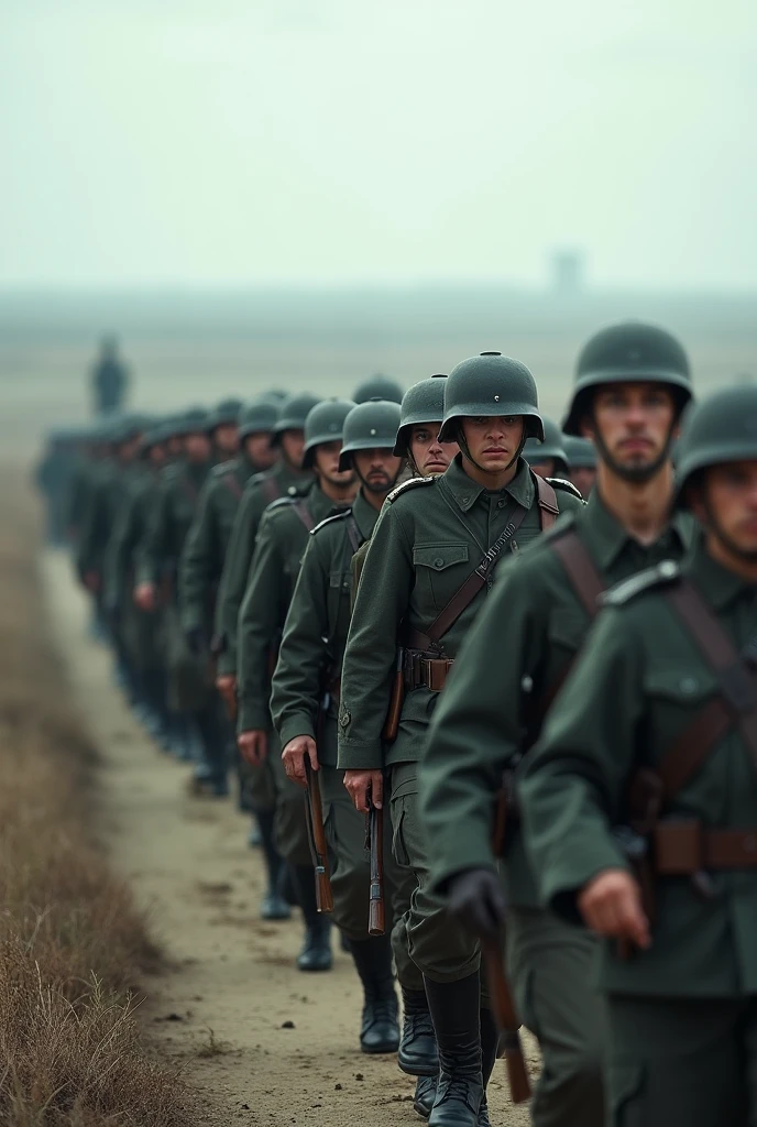 Multiple German soldiers marching in a horizontal line