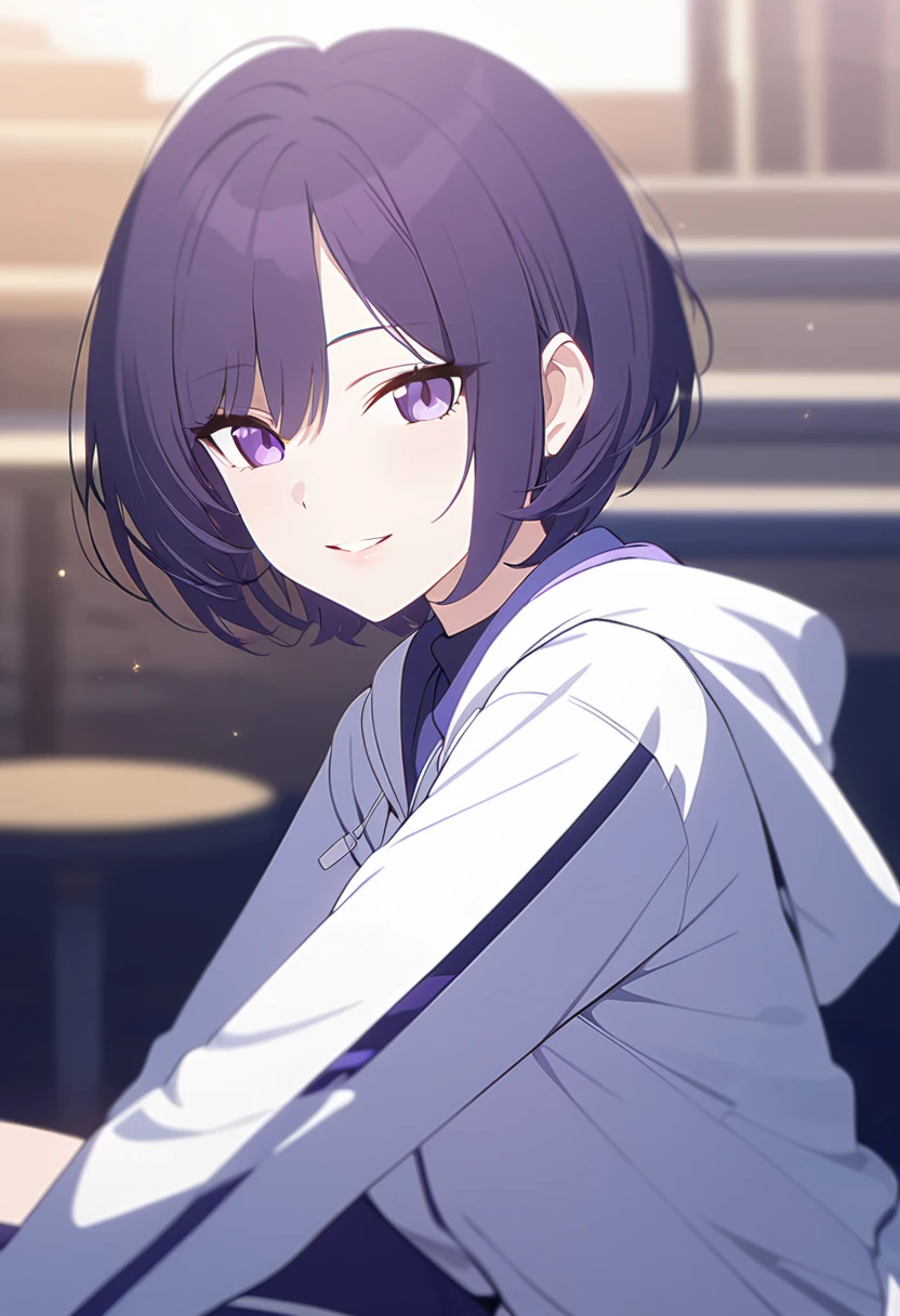 masterpiece,best quality,depth of field,8k,Viewing the viewer,female,dark gray hair,(charisma 있는 눈 1:1),chic,purple hair,purple eyes,Hooded tracksuit in blue and white,female,Overlooking,Short hair,alone,Smiling,chic,charisma,adult