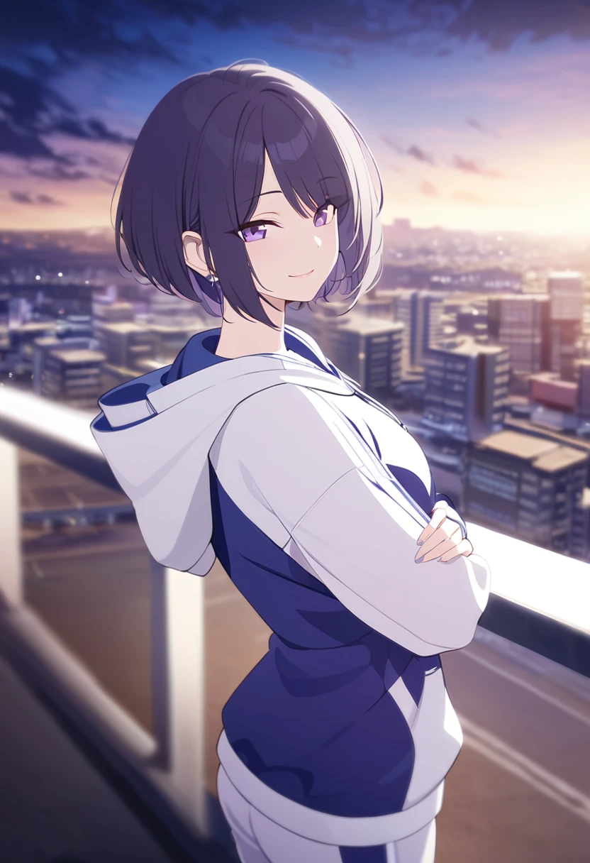 masterpiece,best quality,depth of field,8k,Viewing the viewer,female,dark gray hair,(charisma 있는 눈 1:1),chic,purple hair,purple eyes,Hooded tracksuit in blue and white,female,Overlooking,Short hair,alone,Smiling,chic,charisma,adult
