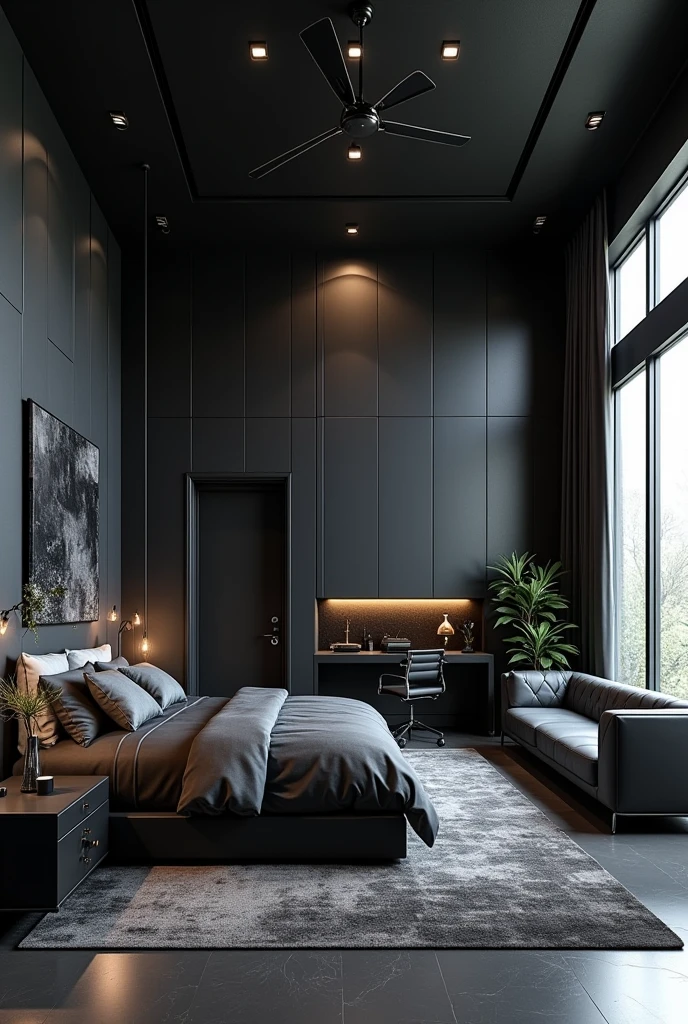 I want you to generate an interior design room furniture for length = 350 cm breadth = 300 cm and height = 300 cm. One wall has full wardrobe the breadth wall and opposite of that breadth wall there is bathroom door on other side of the breadth wall in middle. And one length wall is blank and another length wall has 4 windows and above that 4 ventilator and a ceiling fan. Each window dimension is 150*60cm and ventilation window is 50*50cm and they are situated in the middle of the wall. The room should have sofa coffee table and study/computer table and a king size bed with screening and the room vibes must be in black colour mostly. All the furniture must be of car parts or bike parts and must use latest technology.