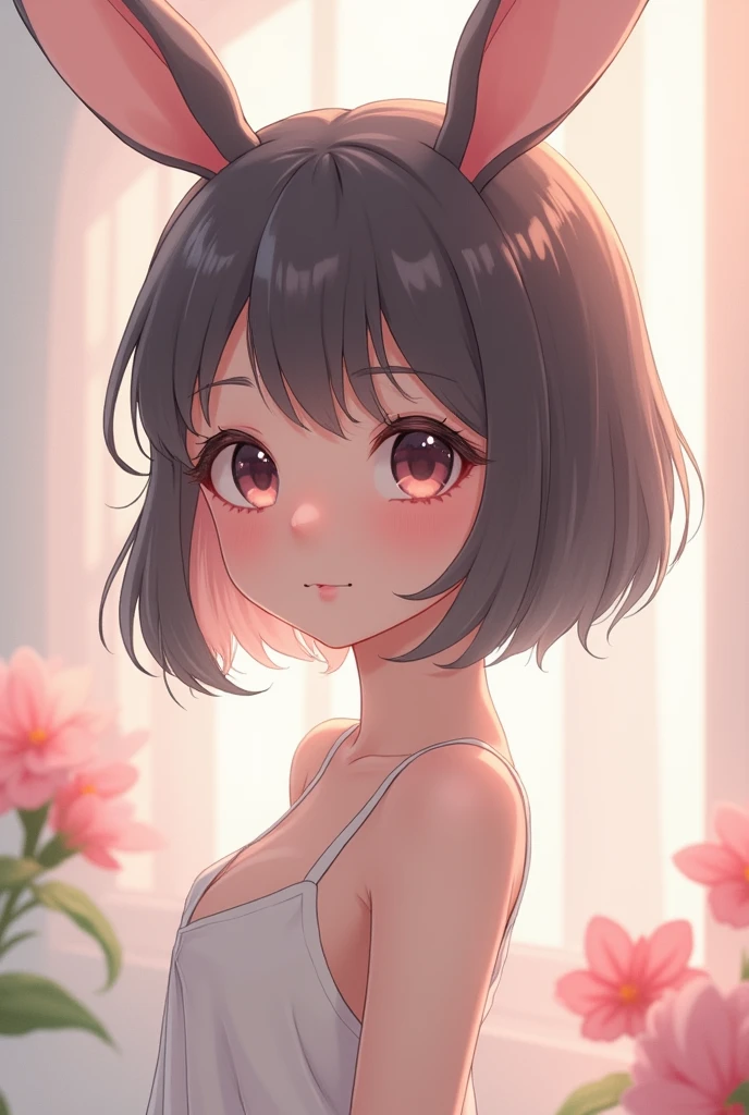 An anime with bunny ears that are small like a model.