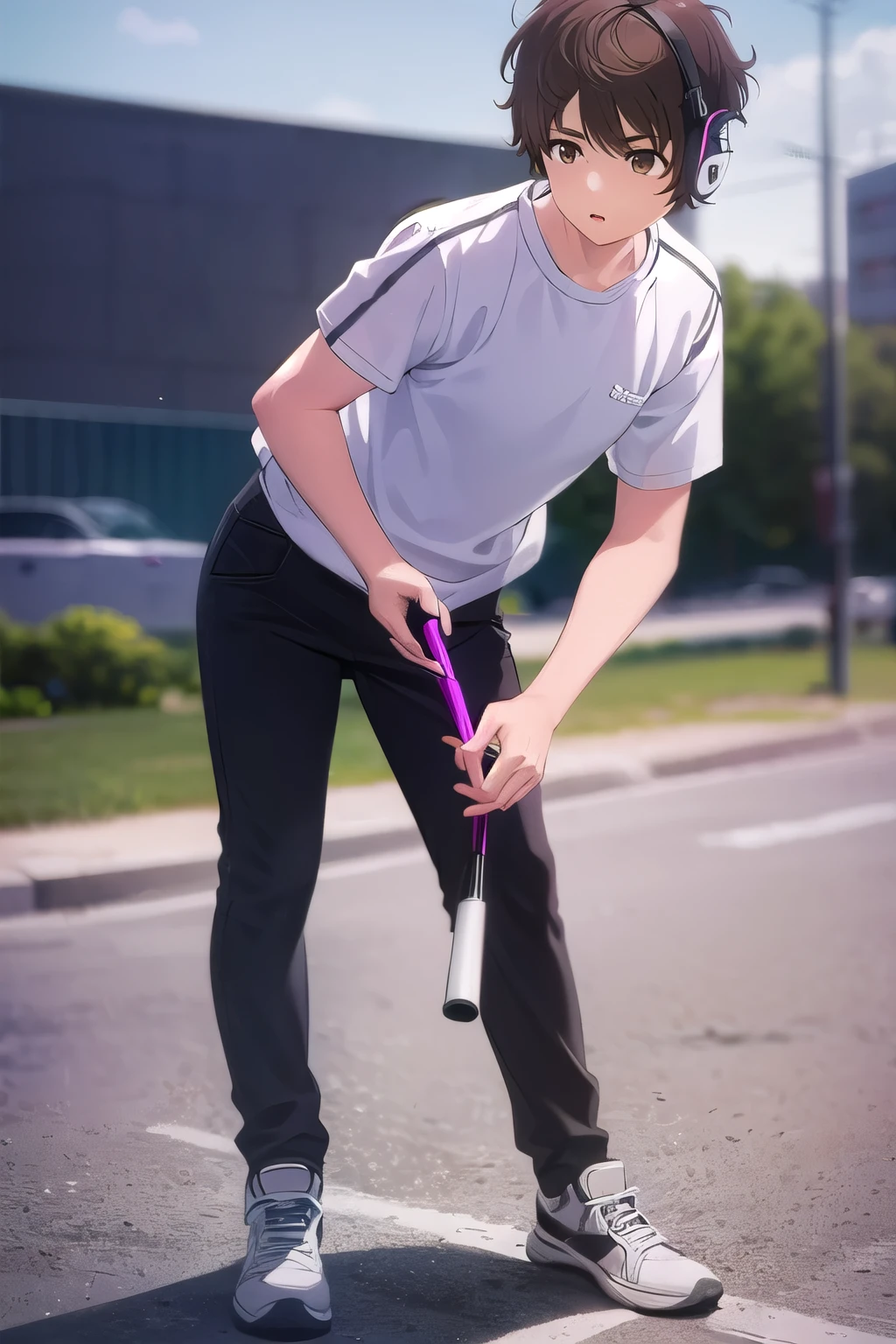 photorealistic, (4k), depth of field, (Masterpiece), (realistic skin texture), extremely detailed, intricate, hyper detailed, high resolution, professional photography, , depth of field, sharp detail, best quality, , 1boy, solo, male focus, shun_tokinoya, brown hair, brown eyes, , bangs, , , Fiesta, HD, Con Auriculares, sudadera, cuerpo completo, pantalon largo, tenis blanco & negro, Dj, De la cabeza hasta los pies, manos alzadas.