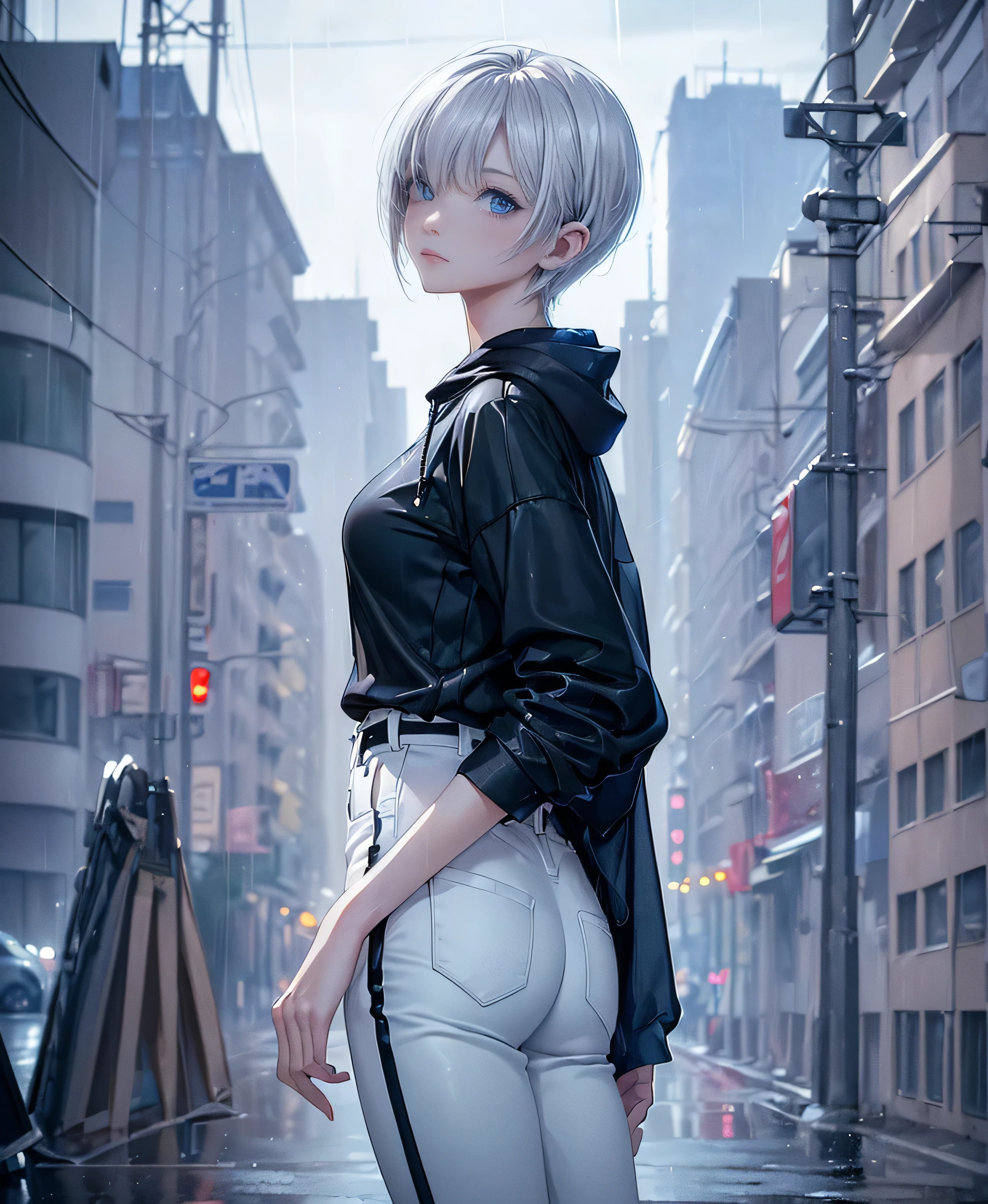 ((4K Works))、masterpiece、(Highest quality)、One beautiful girl、The body is slim、expensive、((Black Y-shirt and white pants、Charming street style))、Please put on a jacket.、Wearing a hood to hide his face、(Beautiful eyes in every detail)、Morning City、((Rainy Town))、Fashionable city with morning rain、During a walk、((Face similar to Carly Rae Jepsen))、((short-haired gray hair))、((Makes your face smaller))、((Neutral face))、((Bright Blue Eyes))、((American adult women))、((Adult female, 2))、((Cool woman))、((Like a celebrity))、((A lonely look))、((Korean Makeup))、((elongated and sharp eyes))、((Happy Date))、((boyish))、((Upper body photo shoot))、Professional photos、((Model Photo))、((Shot alone))、((She is under the roof))、((Look up at the sky))、((Shooting from behind))、((She is looking upwards))、((Her eyes are looking up))、((Increase the angle of the face))、((She is walking in front of the viewer))