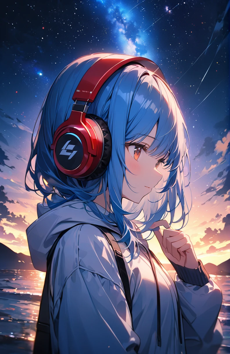 ((Amazingly absurd)),超High resolution, Attention to detail, high quality, High resolution, 最high quality, 4K, 8k、1 pretty girl、Blue Hair、White hoodie、Red headphones、Night view、Starry Sky