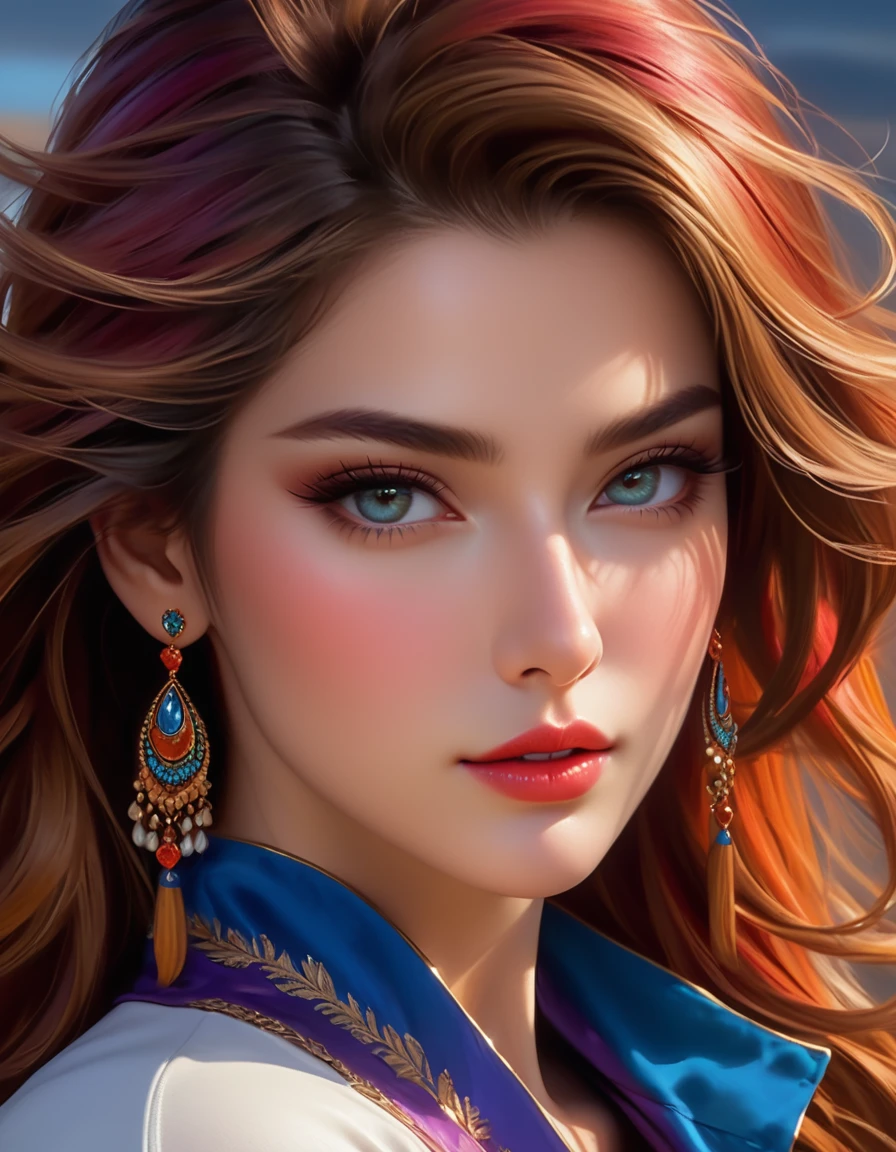(Highest quality,8k,Hyperrealism:1.2),Vibrant colors, Sharp focus, Very detailed, Studio Lighting, Ultra-fine painting, Hair blowing in the wind, Incredibly realistic eyes and lips, Perfect facial balance, Meticulous Skin Texture, Long eyelashes, emotional expression, Elaborate Background, Perfect clothing and accessories, Accurate shadows and highlights, Highly realistic lighting and reflections, Perfect attention to detail,((2k5)) style, Ultra-realistic photos, Vibrant colors, 16K
