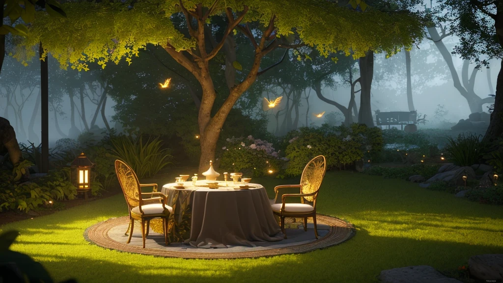 Enchanting Evening Retreat. Envision a cozy courtyard by a beautiful, fairy-tale house, The house glows with a cozy light, nestled in a garden teeming with diverse flowers and bushes. The garden is alive with colors and textures, from delicate blossoms to thick, leafy foliage. The setting sun bathes the scene in a warm, ethereal glow, with a tea table perfectly placed to enjoy the peaceful ambiance. A cozy tea setup with delicate porcelain cups and a teapot is placed on a stone table surrounded by flowering plants. masterpiece, Best Quality, (highly detailed CG Unity 8k wallpaper), (Best Quality), (Best Illustration), (BEST SHADOWS), Natural elements in the forest theme. mysterious forest, Beautiful forest, nature, surrounded by flowers, delicate leaves and branches surrounded by Fireflies (Natural elements), (Jungle theme), (leaves), (branches), (Fireflies), (particle effects), etc. 3D , Octane Rendering, Ray Tracing, super detailed
