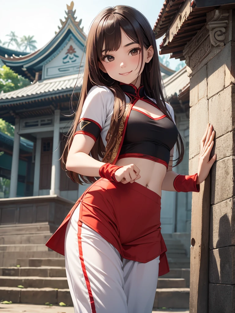 Indonesian teenage girl. White skin. Rookie martial artist. Indonesian silat. Red  silat outfit. Flat chest. Brown hair. At the temple. Beautiful teenage face. Cute smile. 