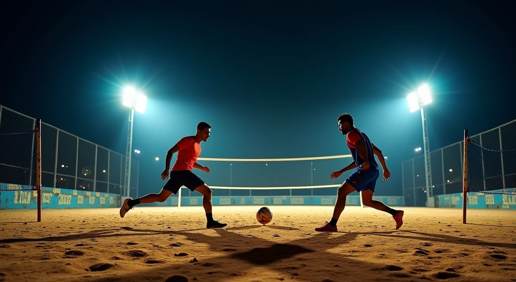 A vivid night-time scene of a footvolley match with two players on each side, intensely focused on the ball. The bright stadium lights cast sharp shadows on the sand, while a cityscape glows softly in the distant background, adding depth to the scene.