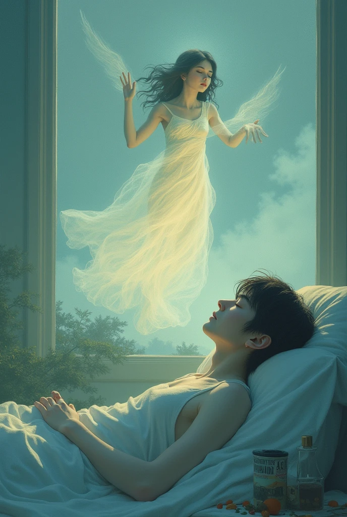 A picture of a men imagine a girl in his dream while sleeping