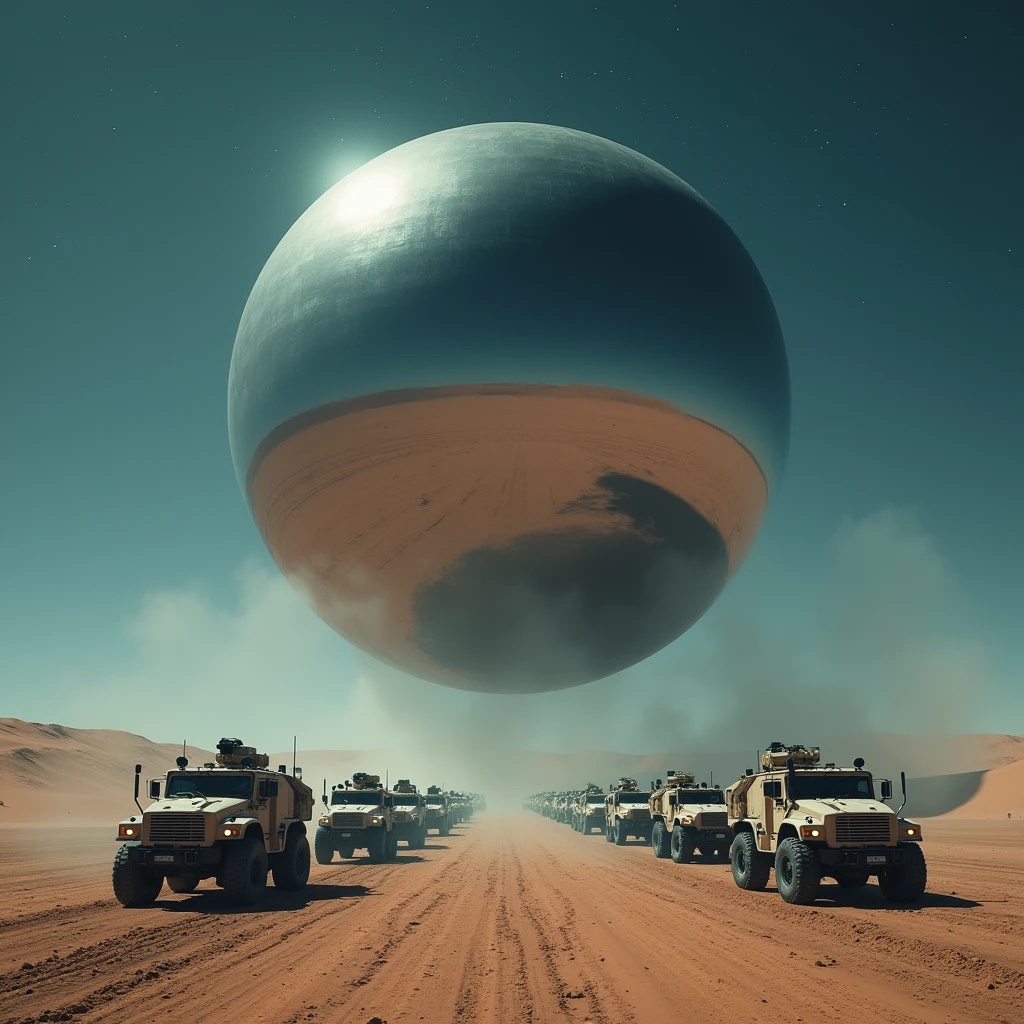 A massive smooth surfaced mirrored sphere, faced with a line of military vehicles, hovers above the desert floor at night, photo realistic