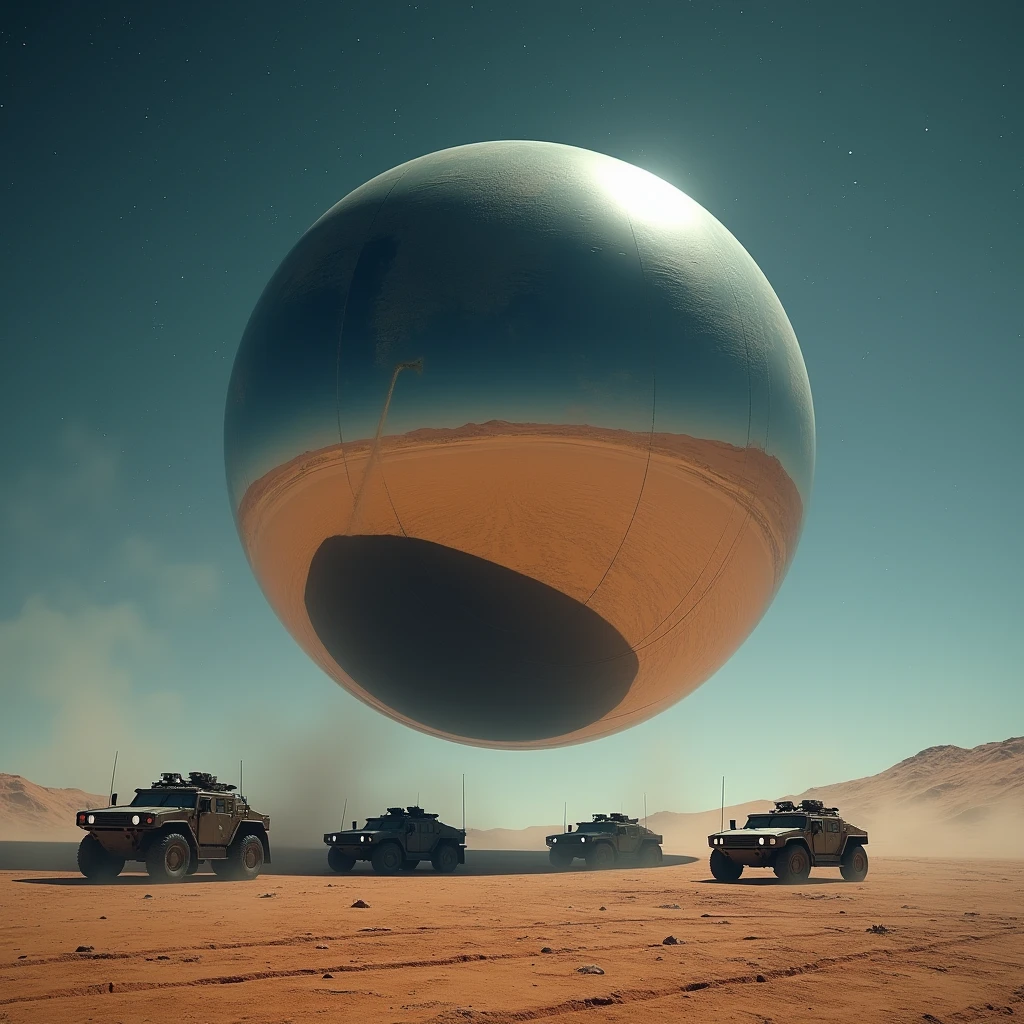 A massive smooth surfaced mirrored sphere, faced with a line of military vehicles, hovers above the desert floor at night, photo realistic