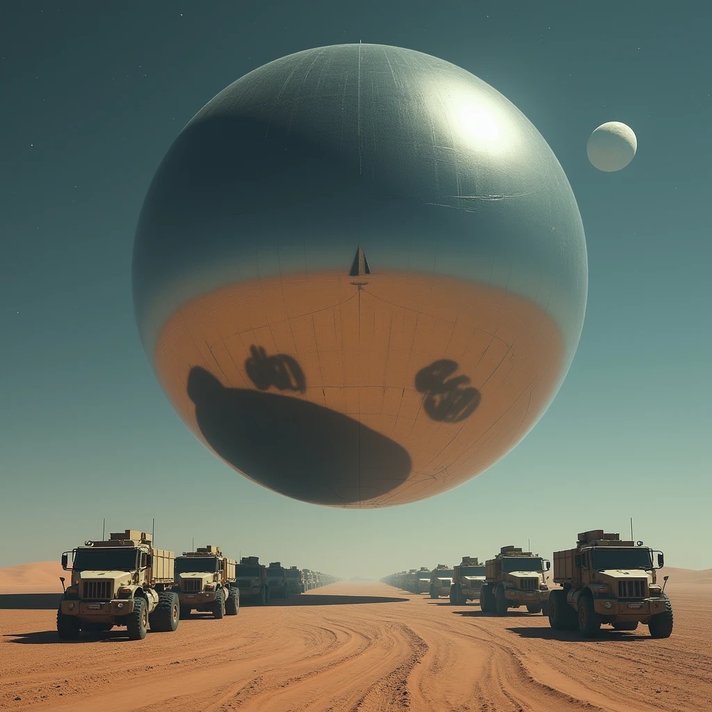 A massive smooth surfaced mirrored sphere, faced with a line of military vehicles, hovers above the desert floor at night, photo realistic