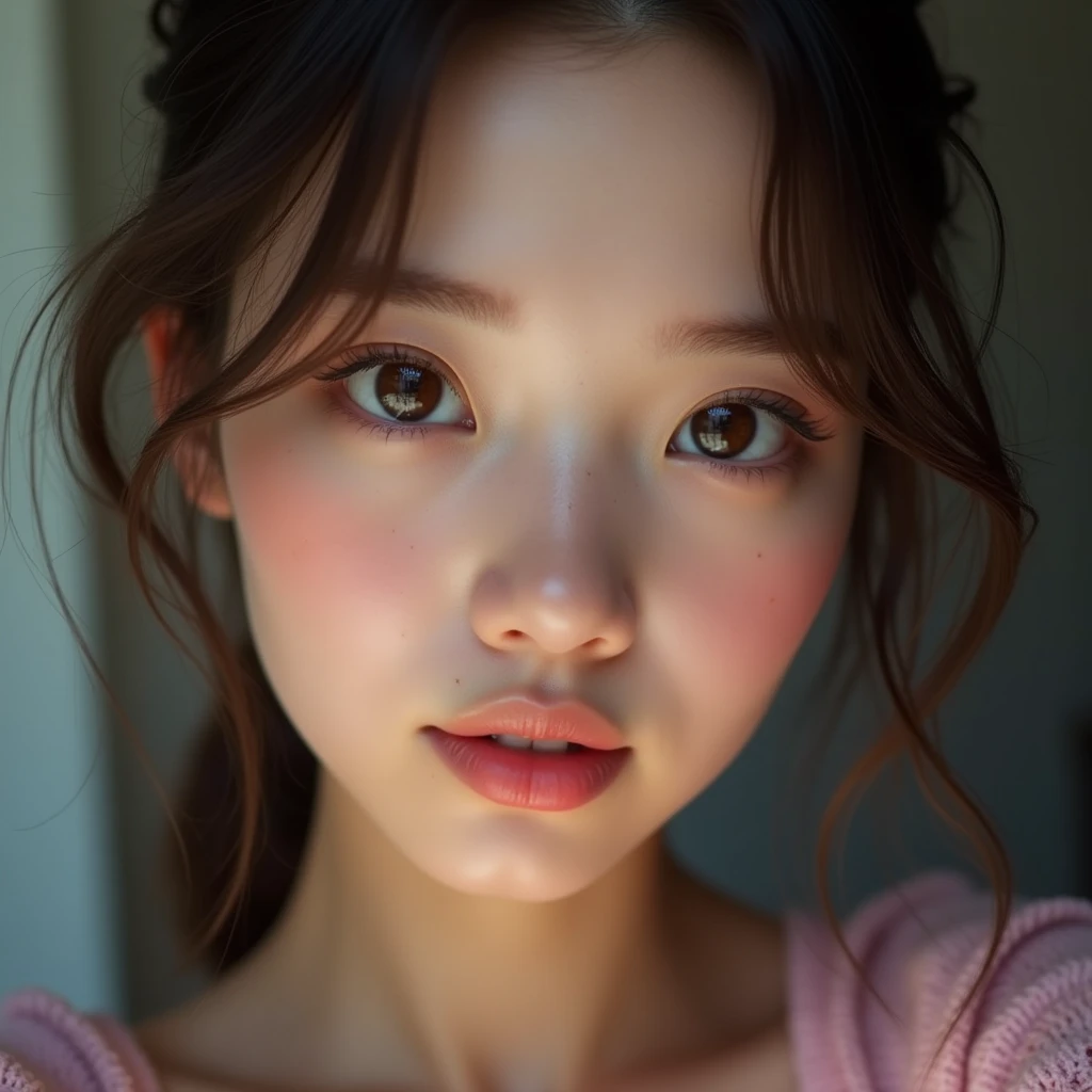 8K, Best Quality, Masterpiece, Ultra High Resolution, (Realism: 1.4), Original Photo, (Realistic Skin Texture: 1.3), (Film Grain: 1.3), (Selfie Angle), 1 Girl, Pink Clothes, Sapphire Color Eyes and Beautiful Face Details, Masterpiece, Best Quality, Close-up, Upper Body Highest Quality Picture Quality Pull-up