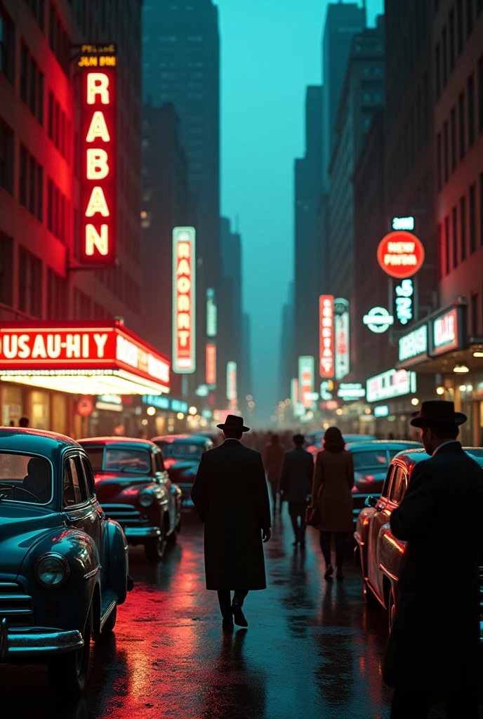 Create a cinematic scene set in a bustling 1940s New York City street at dusk, filled with vintage cars, people in period clothing, and glowing neon signs. The atmosphere should feel dramatic and moody, capturing the hustle and energy of the era. Incorporate a sense of mystery with shadowy figures and a noir-inspired color palette of deep blues, rich reds, and contrasting lights and shadows. The camera angle should be slightly low to give a sense of depth and grandeur, with a focus on the main s