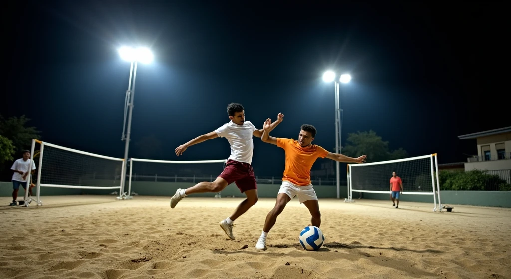 A dynamic night-time footvolley game with two players on each side, caught mid-motion as they jump for the ball. The sand court is illuminated by powerful floodlights, creating strong contrasts and highlighting the tension of the match.