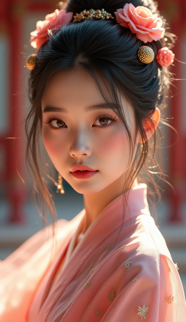 a close up of a woman in a pink dress with a flower in her hair, chinese style, gorgeous chinese model, chinese girl, palace , a girl in hanfu, traditional beauty, lovely woman, lovely delicate face, traditional chinese, ruan jia beautiful!, cai xukun, with acient chinese clothes, chinese woman, inspired by Lan Ying