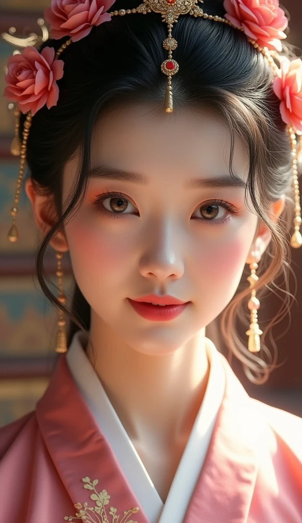 a close up of a woman in a pink dress with a flower in her hair, chinese style, gorgeous chinese model, chinese girl, palace , a girl in hanfu, traditional beauty, lovely woman, lovely delicate face, traditional chinese, ruan jia beautiful!, cai xukun, with acient chinese clothes, chinese woman, inspired by Lan Ying