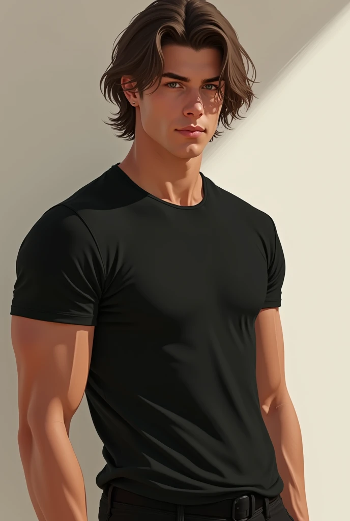 A beautiful, slightly muscular boy. In brown flaffy hair. He has a black T-shirt and pants. Realistick 18yo