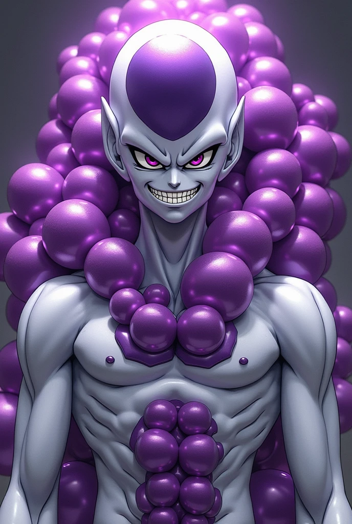 Frieza from dragon ball z that has an average height that has large purple pearls embedded in his head and shoulders that has a planet-killer smile that is white and has a tail that has purple eyes and has a small mouth that has no ears