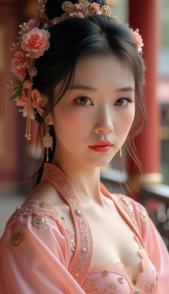 a close up of a woman in a pink dress with a flower in her hair, chinese style, gorgeous chinese model, chinese girl, palace , a girl in hanfu, traditional beauty, lovely woman, lovely delicate face, traditional chinese, ruan jia beautiful!, cai xukun, with acient chinese clothes, chinese woman, inspired by Lan Ying
