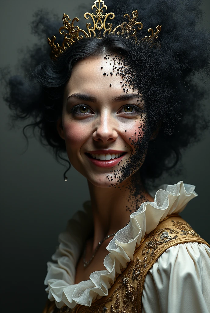 A duchess with a lot of black pepper around her and with half her face angry and happy without fire