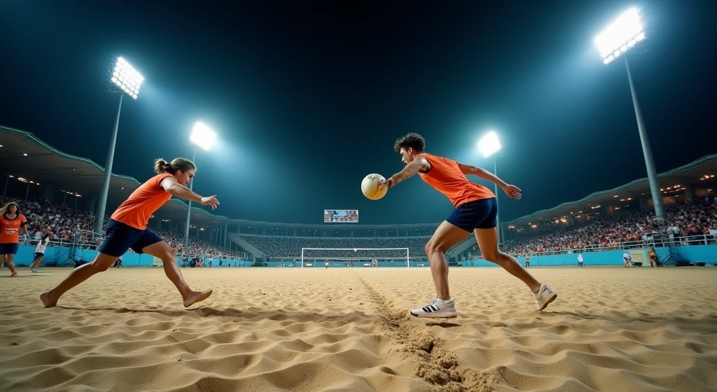 A wide-angle view of a night-time footvolley game, featuring two players on each side, mid-action as they dive and leap. The bright stadium lights create dynamic shadows on the sand, while the city lights twinkle in the distant background.