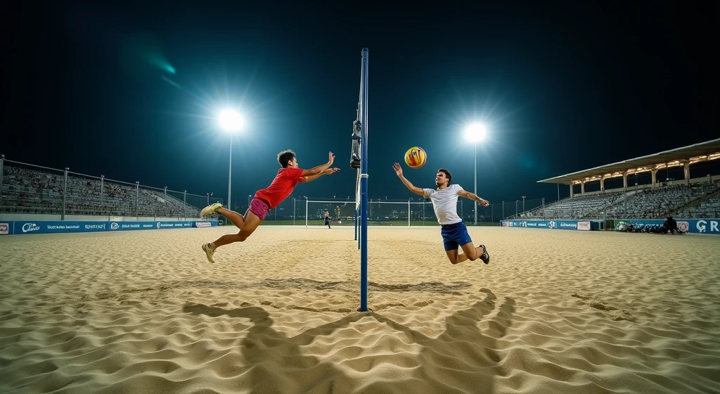 A wide-angle view of a night-time footvolley game, featuring two players on each side, mid-action as they dive and leap. The bright stadium lights create dynamic shadows on the sand, while the city lights twinkle in the distant background.