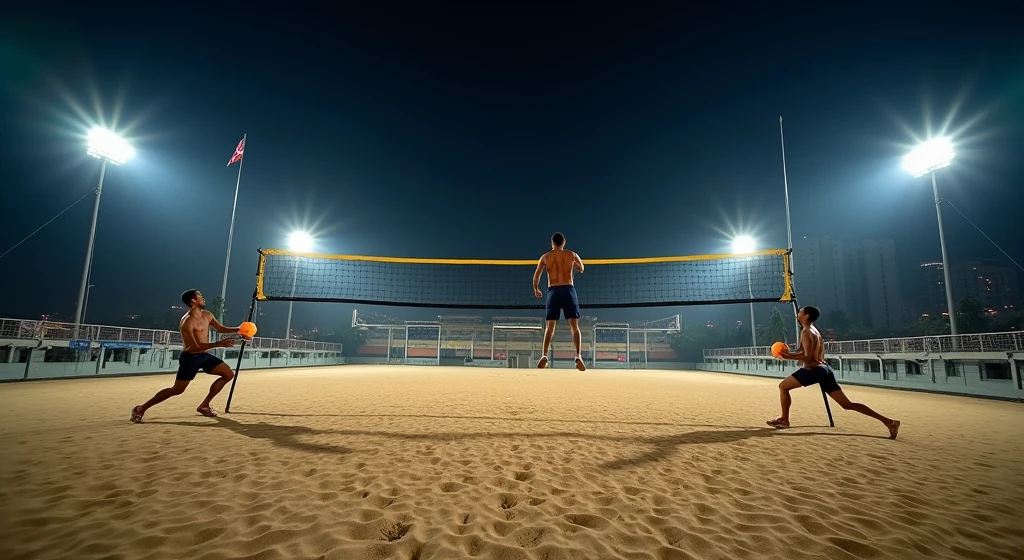 A wide-angle view of a night-time footvolley game, featuring two players on each side, mid-action as they dive and leap. The bright stadium lights create dynamic shadows on the sand, while the city lights twinkle in the distant background.