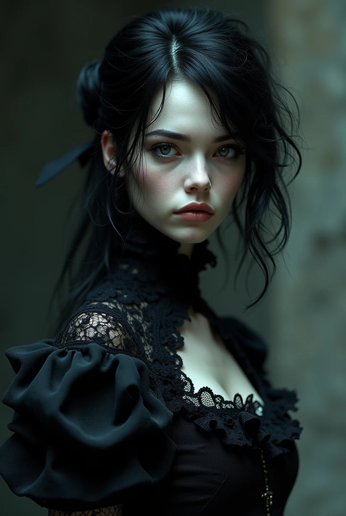 A pale woman, looking about 40 years old, with very black and straight hair, messy looking. She is wearing lace gothic clothes similar to a medieval dress..