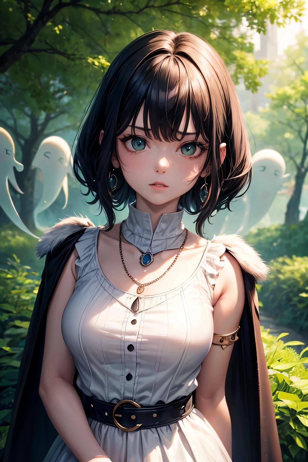 mj3d style,3dmm,3d,(masterpiece, best quality:1.1), Ghibli style, mulberry (Ghost Princess), 1 girl, armband, Bangs, black hair, black undershirt, breast, cape, a roundabout, earrings, face painting, flowing hair, forest, fur cape, Green eyes, jewelry, looking at the audience, medium breast, nature, necklace, outdoor, parted Bangs, shirt, short hair, Sleeveless, Sleeveless shirt, alone, tooth necklace, tree, Upper Body, white shirt