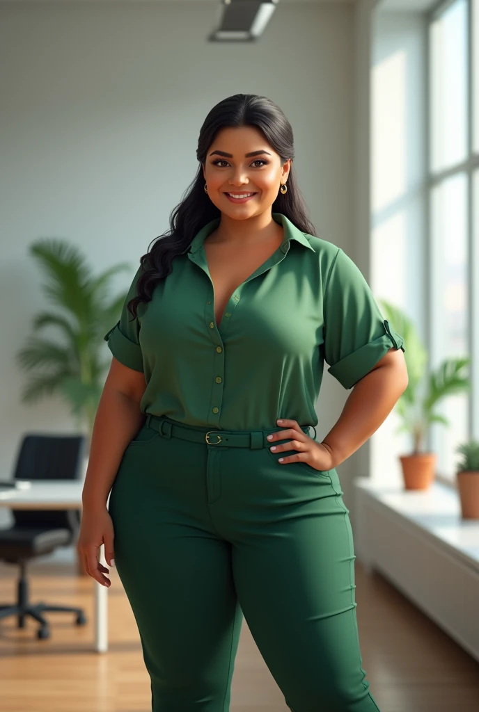 Tall Latina brunette woman , with a size 50 weight with a green blouse and dark green pants with a slightly chubby smile, small eyebrows and straight black hair combed in a ponytail , stop at an office