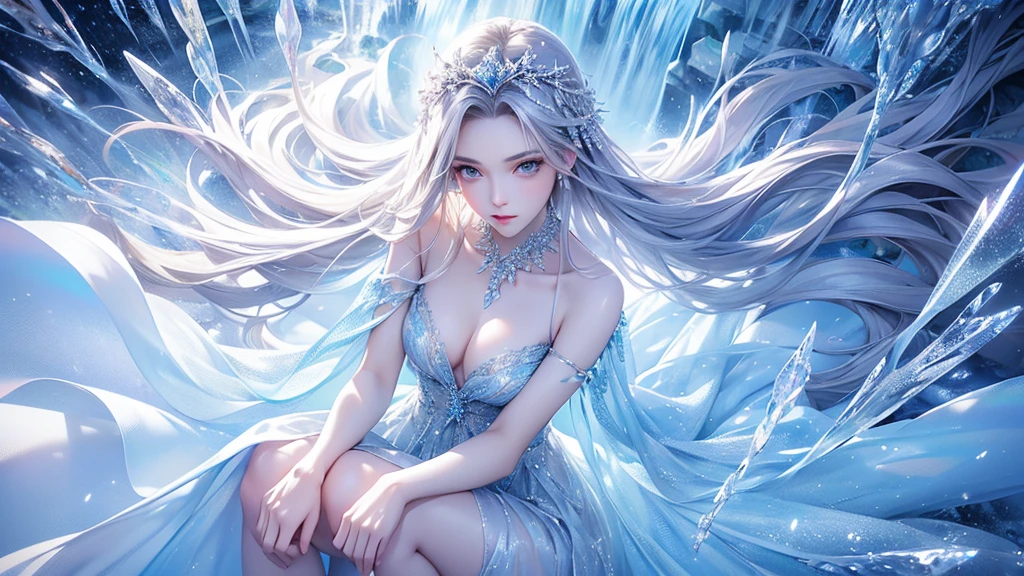(Above the knees photo:1.5)wood, intricate mini ice spikes and crystals, A frozen waterfall in the background, Light reflected by ice crystals, Flowing snowflakes.1girl, pretty girl,A realistic person,Beautiful cleavage,((Small breasts)), Long dress、clear, Satin dress