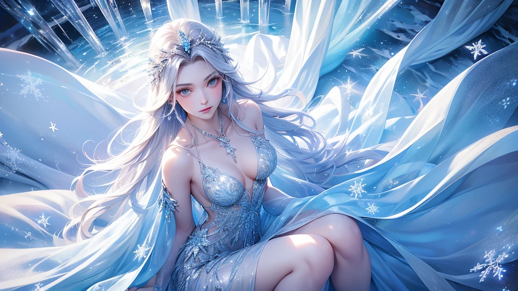 (Above the knees photo:1.5)wood, intricate mini ice spikes and crystals, A frozen waterfall in the background, Light reflected by ice crystals, Flowing snowflakes.1girl, pretty girl,A realistic person,Beautiful cleavage,((Small breasts)), Long dress、clear, Satin dress