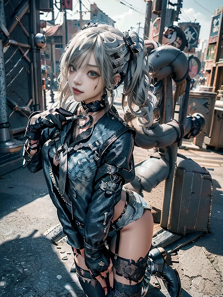 (Full body image:1.2)、(Side view:1.1)、(Wear laces:1.4)、(Accentuate your butt:1.3)、(Smiling with teeth showing:1.3),(Shibuya Gal:1.5)、(Neo-Goth Fashion:1.5)、(Punk rock visual kei:1.4)、(繊細なdenimデザインのハイレグボディスーツ, Silver and Black:1.5)、(denim, Black gloves and sailor shirt:1.5)、(denim high heels:1.3)、(Wearing silver accessories:1.5)、(denim collar:1.4)、(Black Leather Garter Belt:1.4)、(Brown Skin Belt:1.3)、(Black lace underwear:1.5)、20-year-old、Browsing Caution、((Highest quality、In 8K、masterpiece:1.3))、Sharp focus:1.2、(Layered Cut、Huge boobs:1.1),Beautiful woman with perfect figure:1.4、(Doing an aerobics pose:1.3)、Slim Abs:1.2、Highly detailed face and skin texture、Detailed eyes、double eyelid,(Twin tails:1.3)、(Cream colored hair:1.3)、Idol Sculpture、(Caribbean cityscape in the background:1.3)、(The body is slim:1.3),(Slimming your legs:1.4),(clavicle:1.1)