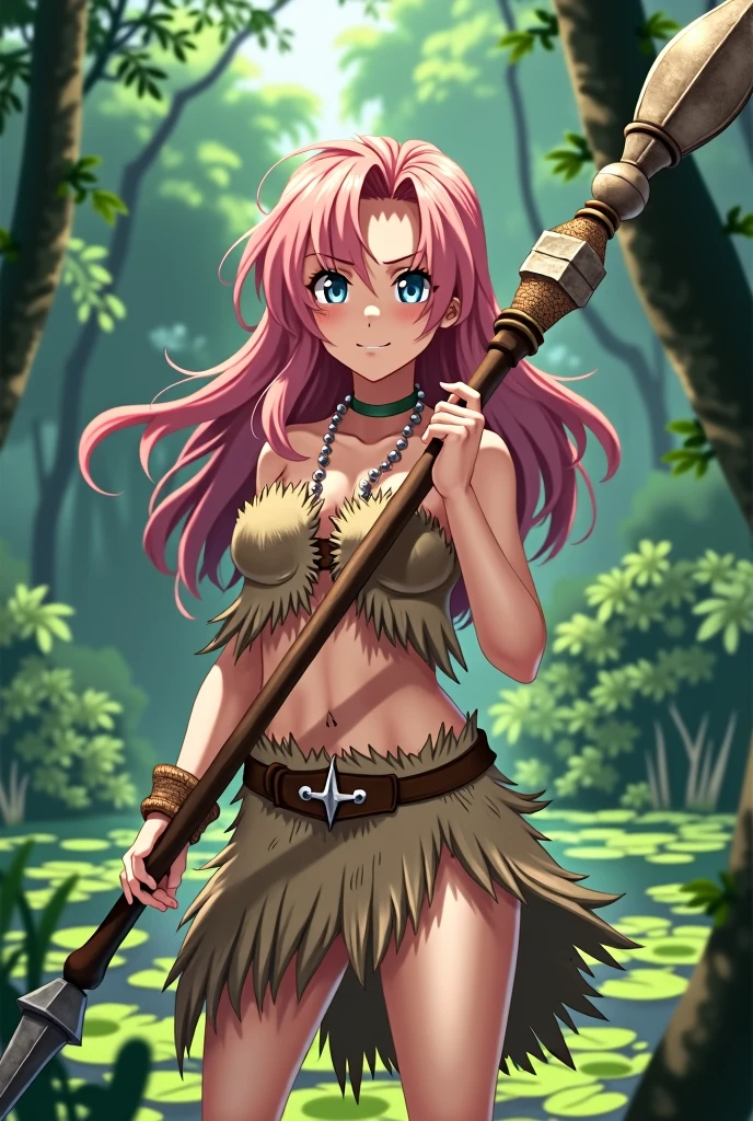 Digital illustration in an anime style, featuring a young woman with long, wavy pink hair and blue eyes. She has light skin and a determined expression on her face. The character is dressed in a primitive, tattered brown outfit, resembling a loincloth and top made from animal hide. She is holding a long spear with a stone tip in both hands, poised in a defensive stance. The background depicts a lush, green forest with dense foliage and a body of water with lily pads.