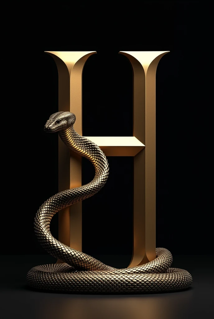 Create the letter H with a black and gold snake next to it. black backdrop.