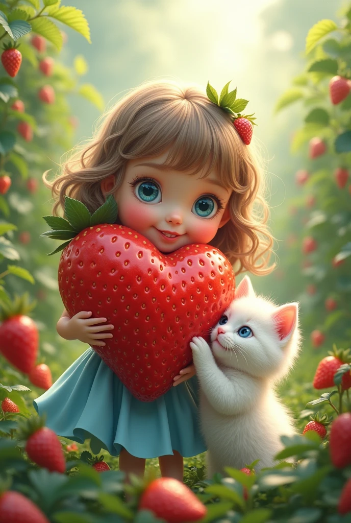 A girl with blue eyes in blue frock and a little white kitten with blue eyes are happy and hug a big cute strawberry in strawberry garden ai image