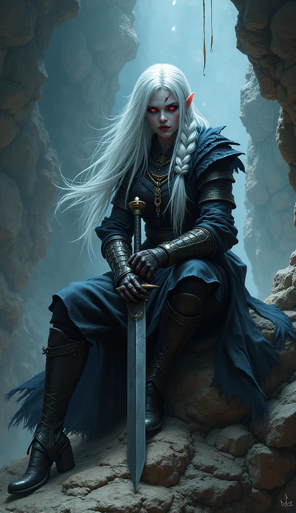 Drow female from baldur's gate, best quality, ultra-detailed CG unity 8k wallpaper, sitting on a boulder, high resolution, dynamic pose, beautiful face, (dark warrior attire, red eyes), depth of field, underdark setting, magic light), vicious grin, (high fantasy) (white Hair, single braid), weilding a greatsword