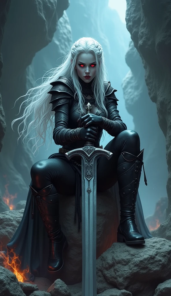 Drow female from baldur's gate, best quality, ultra-detailed CG unity 8k wallpaper, sitting on a boulder, high resolution, dynamic pose, beautiful face, (dark platemail armor, red eyes), depth of field, dark setting), (high fantasy) (white Hair, long flowing hair), light violet skin