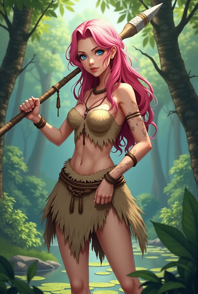 Digital illustration in an anime style, featuring a young woman with long, wavy pink hair and blue eyes. She has light skin and a determined expression on her face. The character is dressed in a primitive, tattered brown outfit, resembling a loincloth and top made from animal hide. She is holding a long spear with a stone tip in both hands, poised in a defensive stance. The background depicts a lush, green forest with dense foliage and a body of water with lily pads. 
