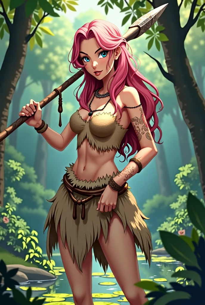 Digital illustration in an anime style, featuring a young woman with long, wavy pink hair and blue eyes. She has light skin and a determined expression on her face. The character is dressed in a primitive, tattered brown outfit, resembling a loincloth and top made from animal hide. She is holding a long spear with a stone tip in both hands, poised in a defensive stance. The background depicts a lush, green forest with dense foliage and a body of water with lily pads. 