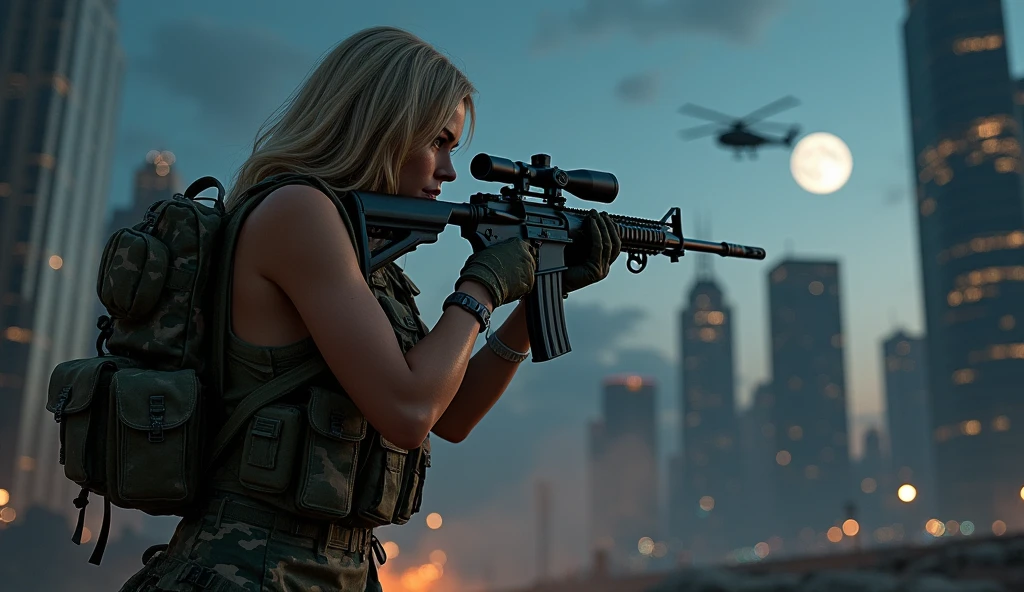 Photorealistic、Realistic skin texture、high resolution、High definition、Arabian girl in tiger stripe camouflage uniform、The upper body is wearing a camouflage bra top.、Manhattan night view、Very beautiful 1 female soldier、Carrying a military backpack、Wearing a bulletproof vest、Aiming an automatic rifle、Holding a realistic sniper rifle、Blonde medium-long hair、Young face、A military helicopter flies in the sky、The background is a skyscraper district、Smoky battlefield、The background is the night sky、Full moon in the sky、The person is a full-body angle、Watching the audience