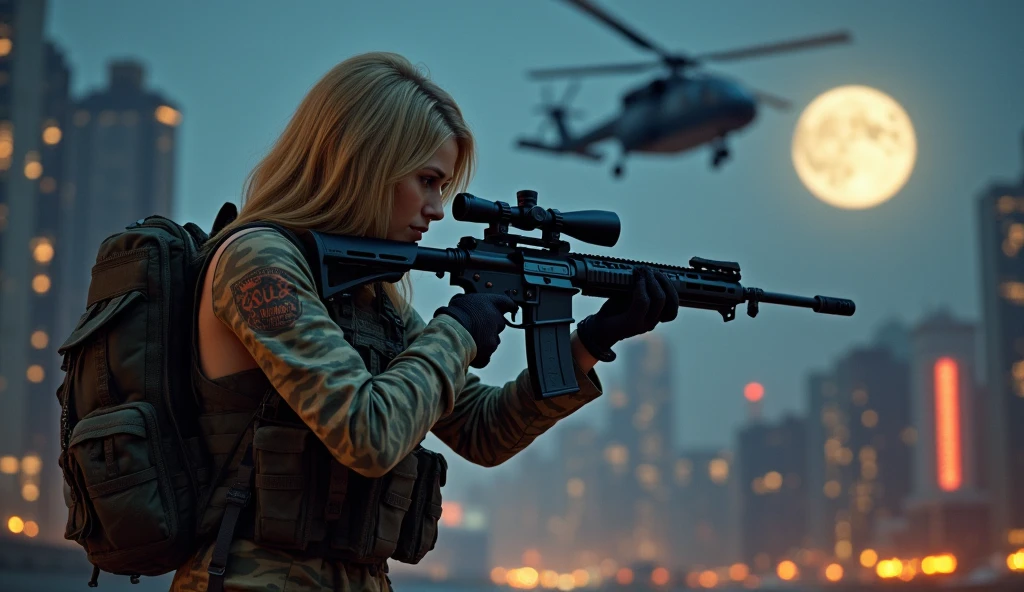 Photorealistic、Realistic skin texture、high resolution、High definition、Arabian girl in tiger stripe camouflage uniform、The upper body is wearing a camouflage bra top.、Manhattan night view、Very beautiful 1 female soldier、Carrying a military backpack、Wearing a bulletproof vest、Aiming an automatic rifle、Holding a realistic sniper rifle、Blonde medium-long hair、Young face、A military helicopter flies in the sky、The background is a skyscraper district、Smoky battlefield、The background is the night sky、Full moon in the sky、The person is a full-body angle、Watching the audience