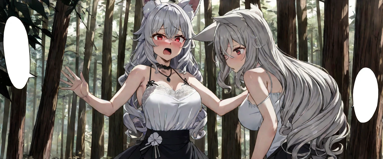 (Unwillingly taking off her clothes:1.4）、((((Highest quality,Detailed depiction down to the last detail):1.5)))、（Fox ears、Beastman、Silver Hair、Curly hair、Middle Hair、Red Eyes、20-year-old women、Black Ribbon、White lace top、Black lace skirt、Black Panties、Silver Necklace、Blushing、Glaring）blank speech bubble、Dark Forest,