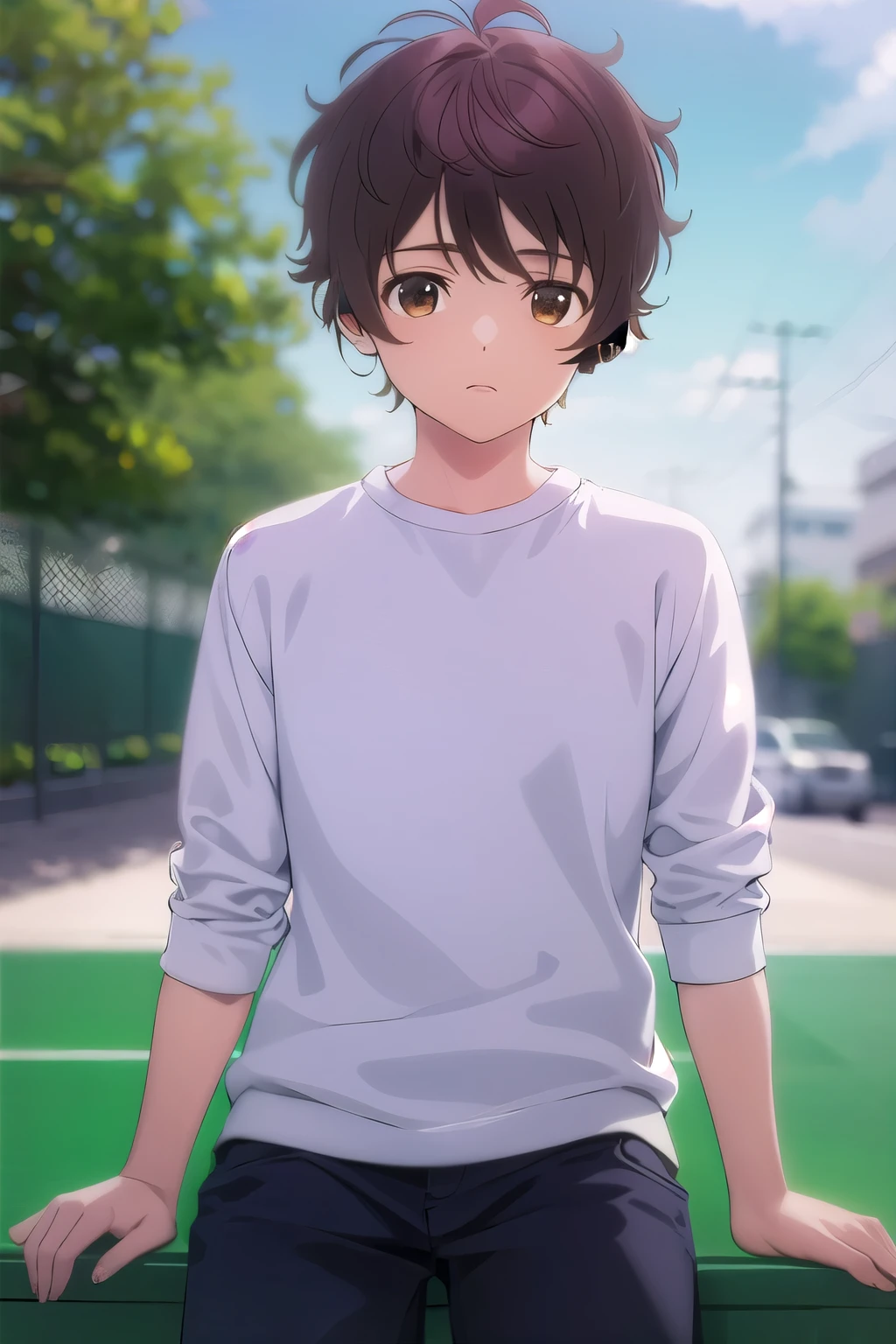 photorealistic, (4k), depth of field, (Masterpiece), (realistic skin texture), extremely detailed, intricate, hyper detailed, high resolution, professional photography, , depth of field, sharp detail, best quality, , 1boy, solo, male focus, shun_tokinoya, brown hair, brown eyes, , bangs, , , Fiesta, HD, Con Auriculares, sudadera, cuerpo completo, pantalon largo, tenis blanco & negro, Dj, De la cabeza hasta los pies, manos alzadas.