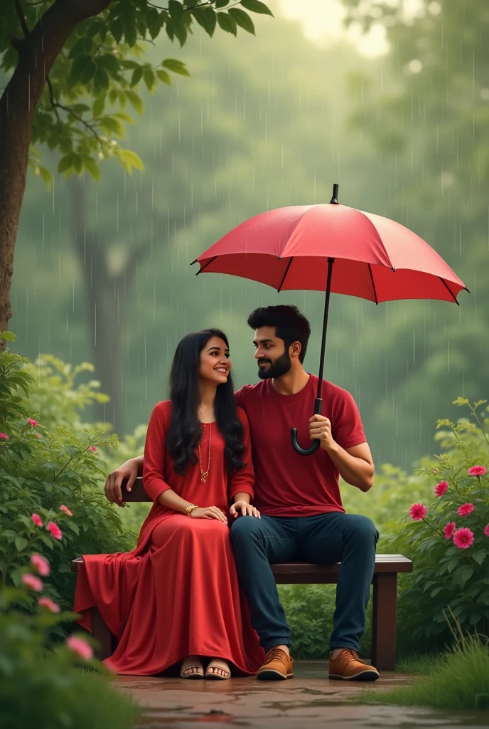 Slowly slowly rain with Ali and waniya couple with garden and Ali plug in umbrella with couple sitdown in a banch and girl dress in a red frock and boy In a red t-shirt and couple smiling faces in prompts