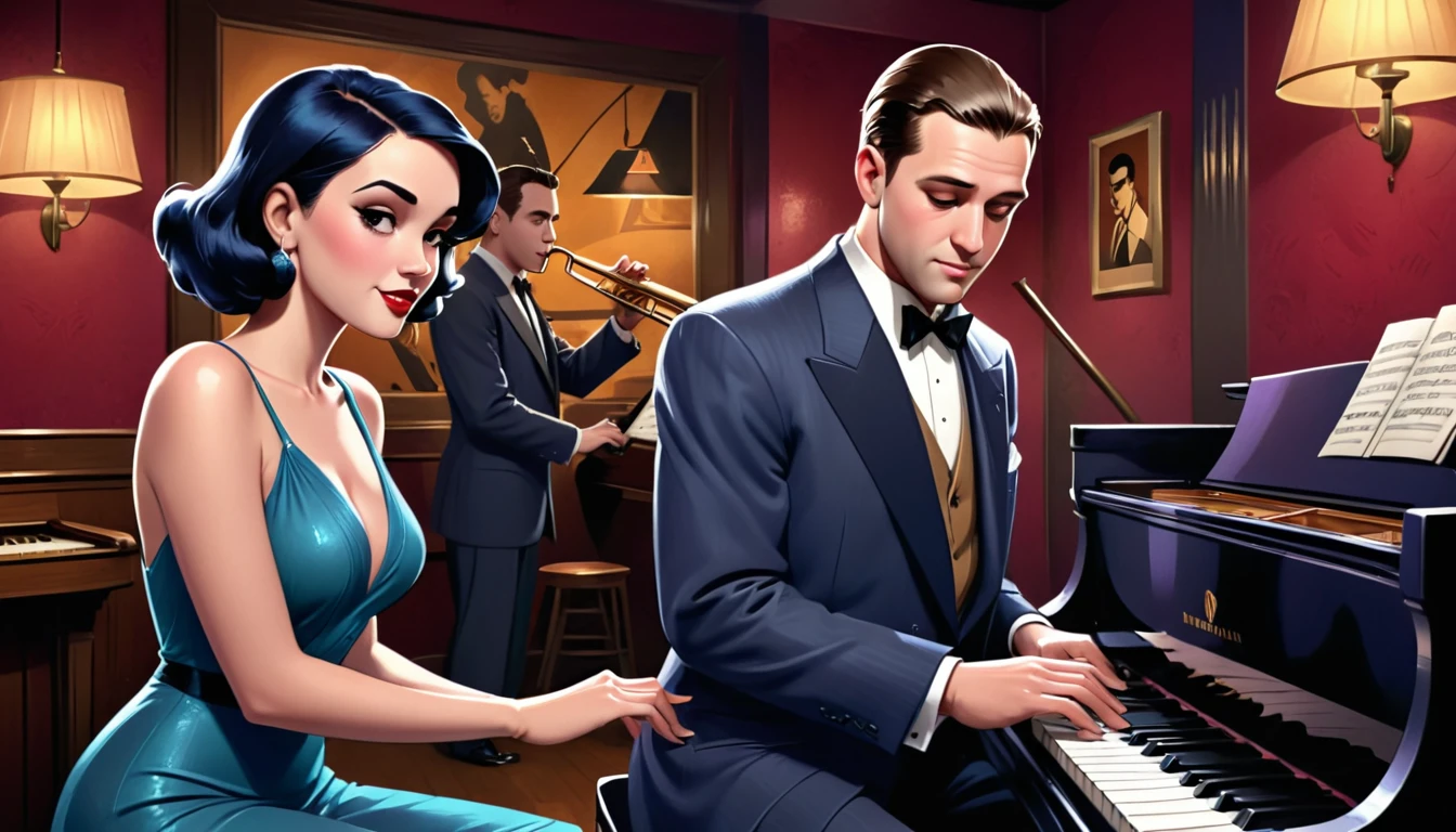 A man is playing the trombone。A woman is playing the piano next to me.。, inspired by Art Frahm, film noir jazz bar, Speakeasy bar background, Then Martin, Then Martin artwork portrait, Background artwork, Inspired by Roy Dargano, Wayne England, stylized digital illustration, Kenton Nelson, Fan art, Official artwork, 1 9 3 0 S Jazz Club