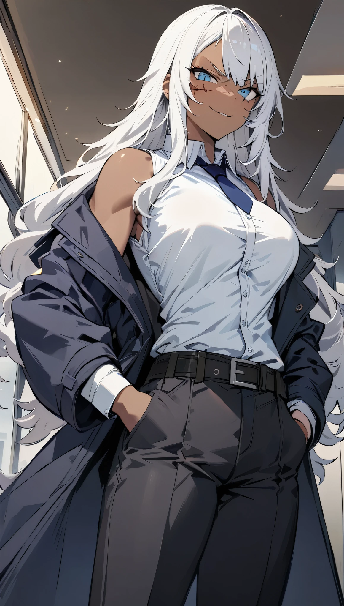 (best quality:1.3), (masterpiece:1.3), (illustration:1.3), (ultra-detailed:1.3), cowboy shot, 1girl, ((white hair)), (large breasts), (dark skin), (blue eyes), ((rough hair, long hair)), white shirt, necktie, high collar, unbuttoned shirt, sleeveless shirt, lean build, long coat, dark blue tactical coat, tactical, pouches, black pants, serious expression, mischievous smirk, belt buckle, face scar, straps, off-shoulder coat, hands on pocket, looking at viewer, muscular, indoors, office,