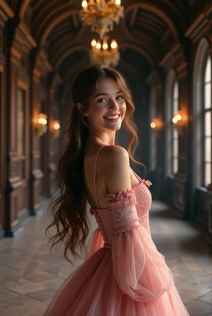 A far away image of an extremely beautiful woman, of Brown hair, eyes the color of honey, laughing ,small nose, full lips, very feminine features, dressed in a simple pink floral period dress, in the middle of a hallway in a black Victorian castle